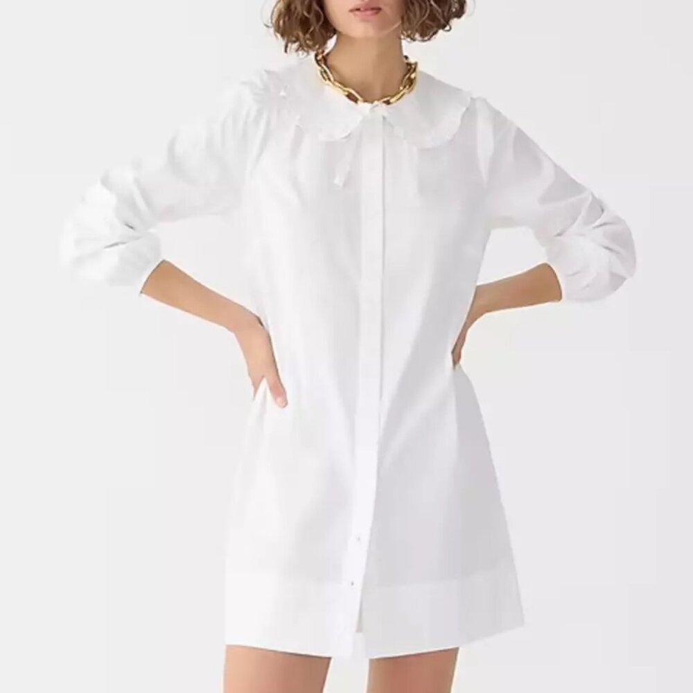 J. Crew Ruffle Collar Mini Shirt Dress in Cotton Poplin White M